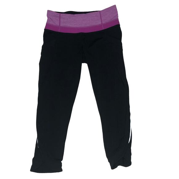 Lululemon Leggings Size 4 Run Chase Me Crop Pants Black Pink Violet Reflective - Picture 1 of 7